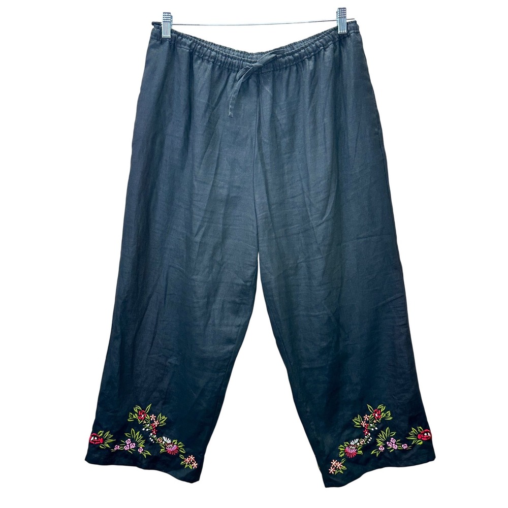 Style & Co Womens XL Black 100% Linen Embroidered‎ Floral Wide Leg Crop Pants